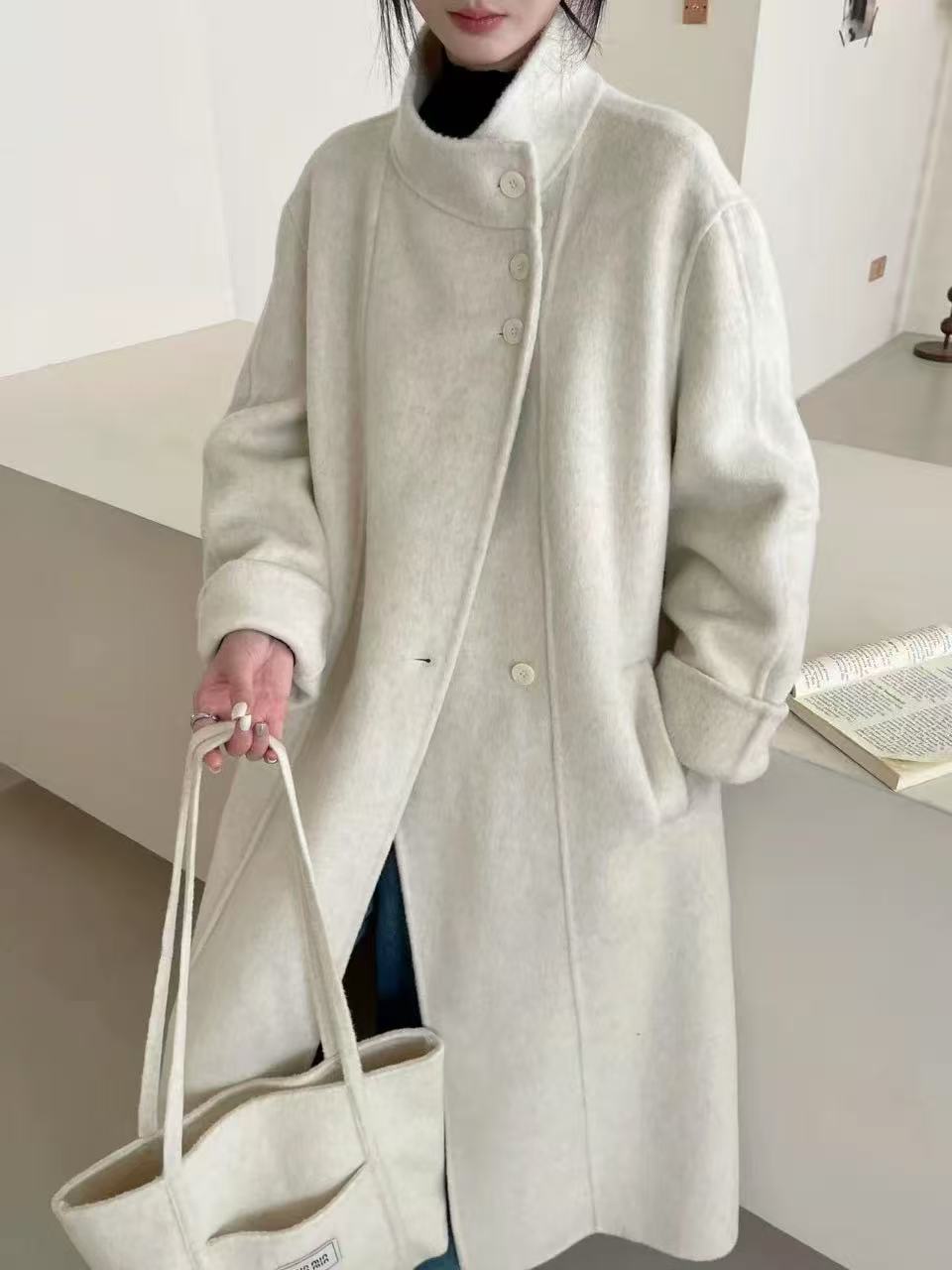 高级感立领双面毛呢大衣女秋冬新款气质款带包包中长显瘦外套1163