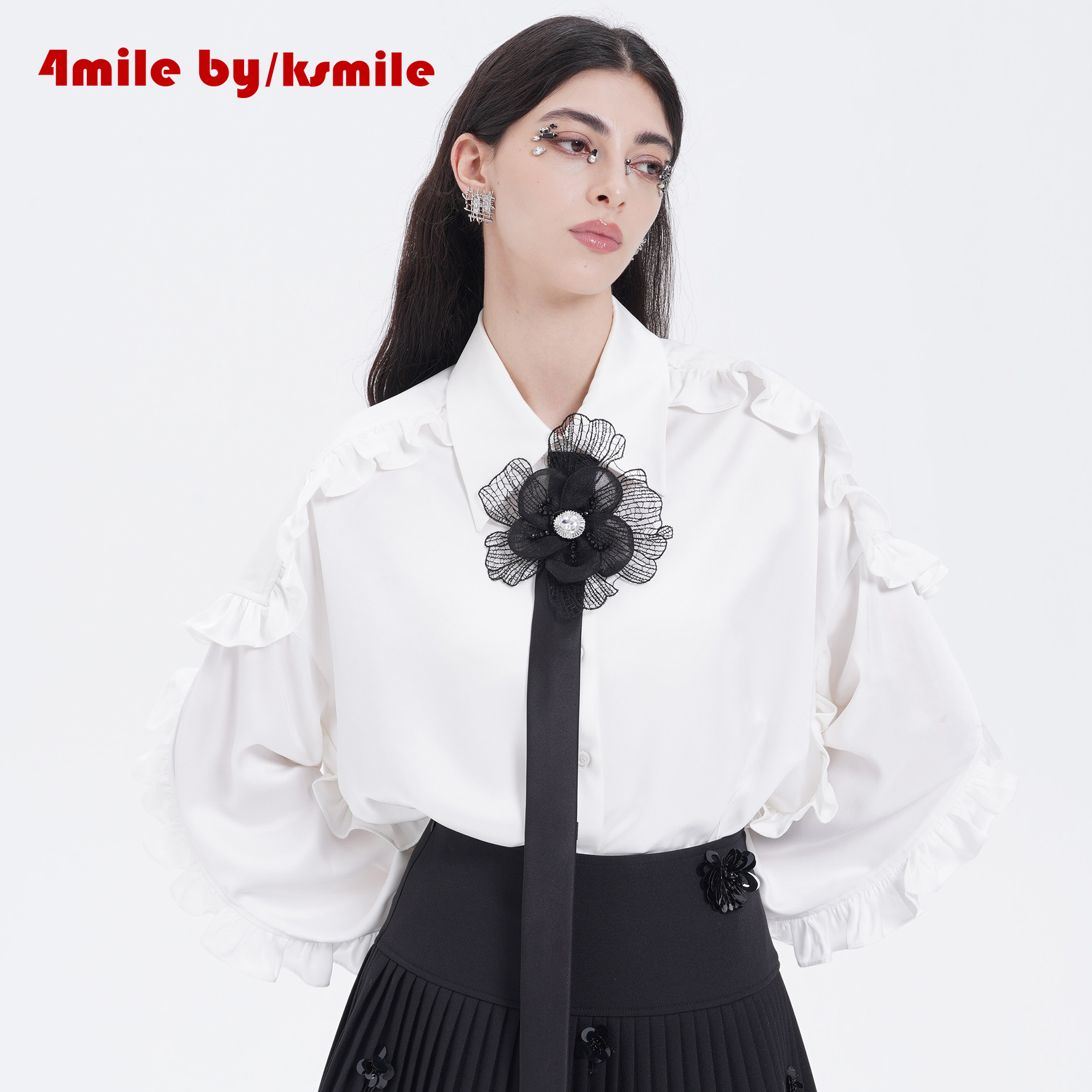 4MILE BY KSMILE | 自在相拥醋酸花朵领带衬衫垂感立体花边上衣