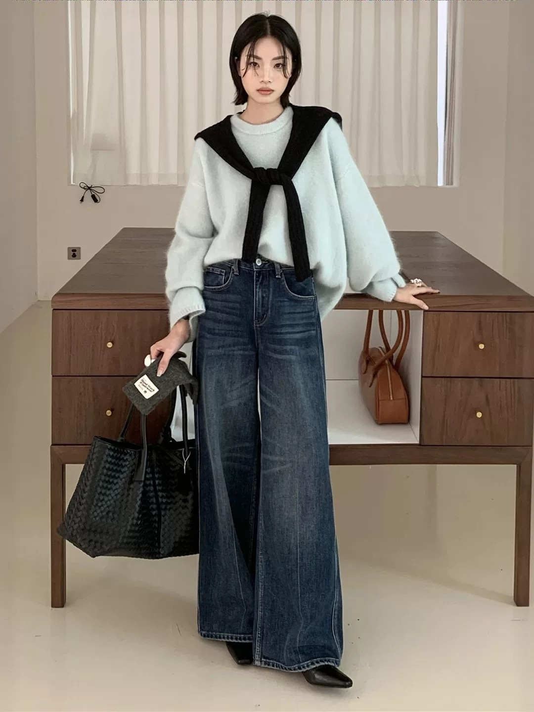 SMX-67922冬季高腰显瘦四面弹阔腿牛仔裤【裤长104】