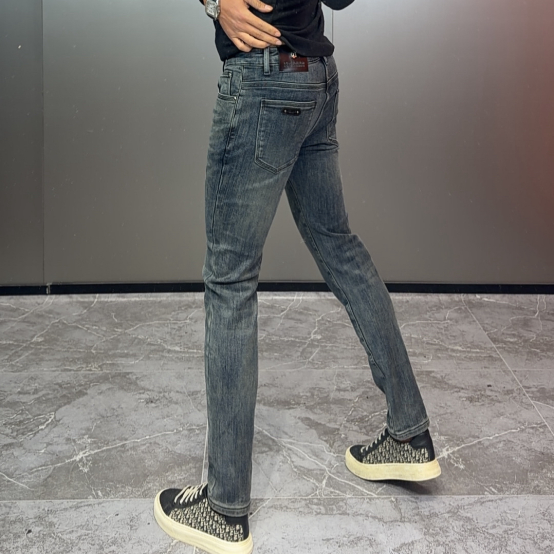 加绒修身小脚百搭舒适高弹蓝色牛仔裤加厚简欧风H2527