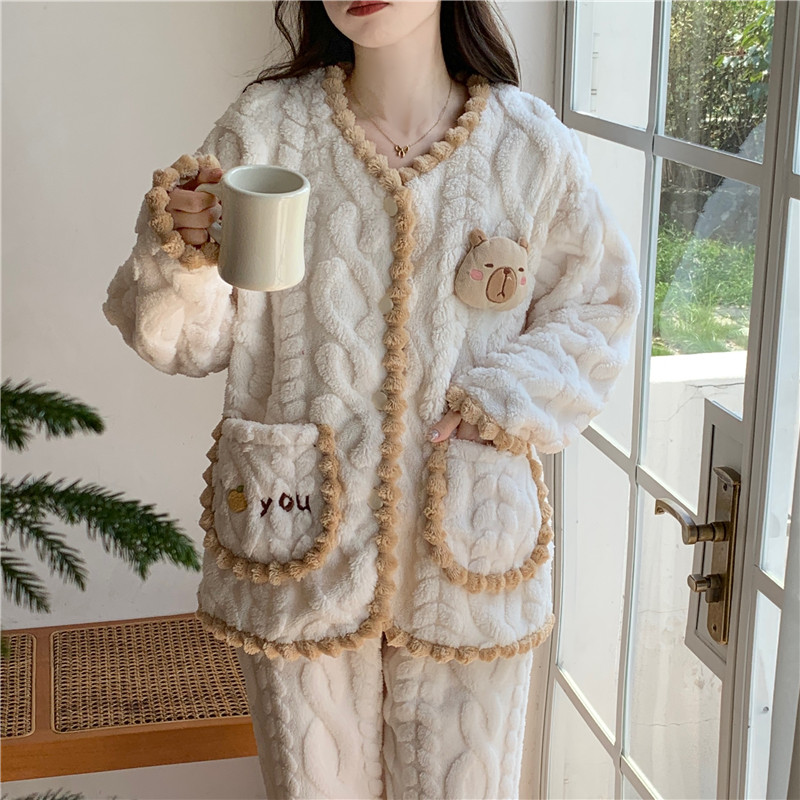 【新人福利】睡衣女珊瑚绒加厚可爱卡通开衫外穿法兰绒家居服套装