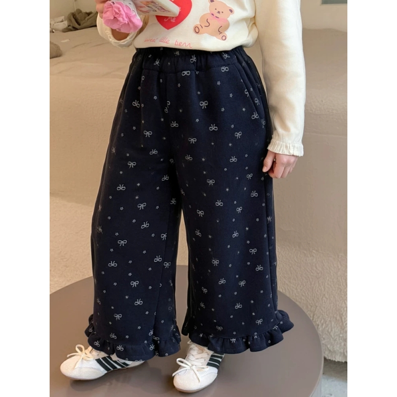 女童花边裤子洋气秋装新款女宝宝碎花阔腿裤宽松长裤休闲裤直筒裤