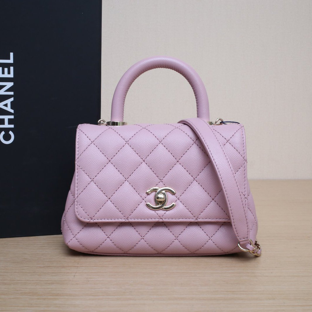 99新 Chanel/香奈儿 珊珊专属Handle Mini紫色荔枝皮芯片开浅金扣