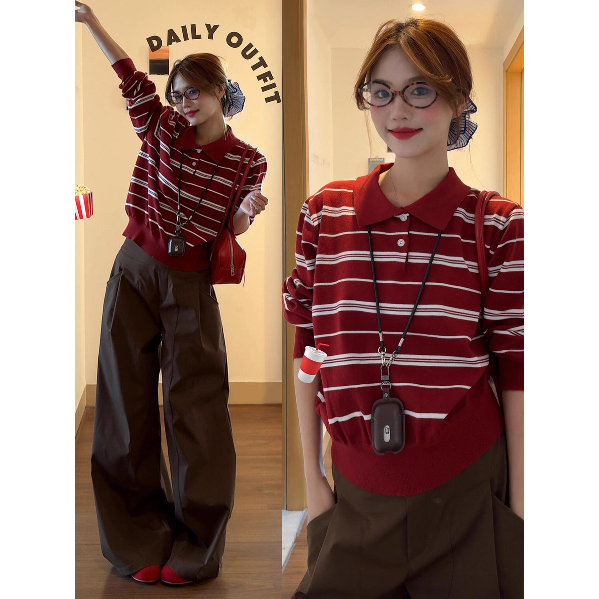 法式红色条纹针织polo领t恤女春秋季宽松高级设计感长袖内搭上衣
