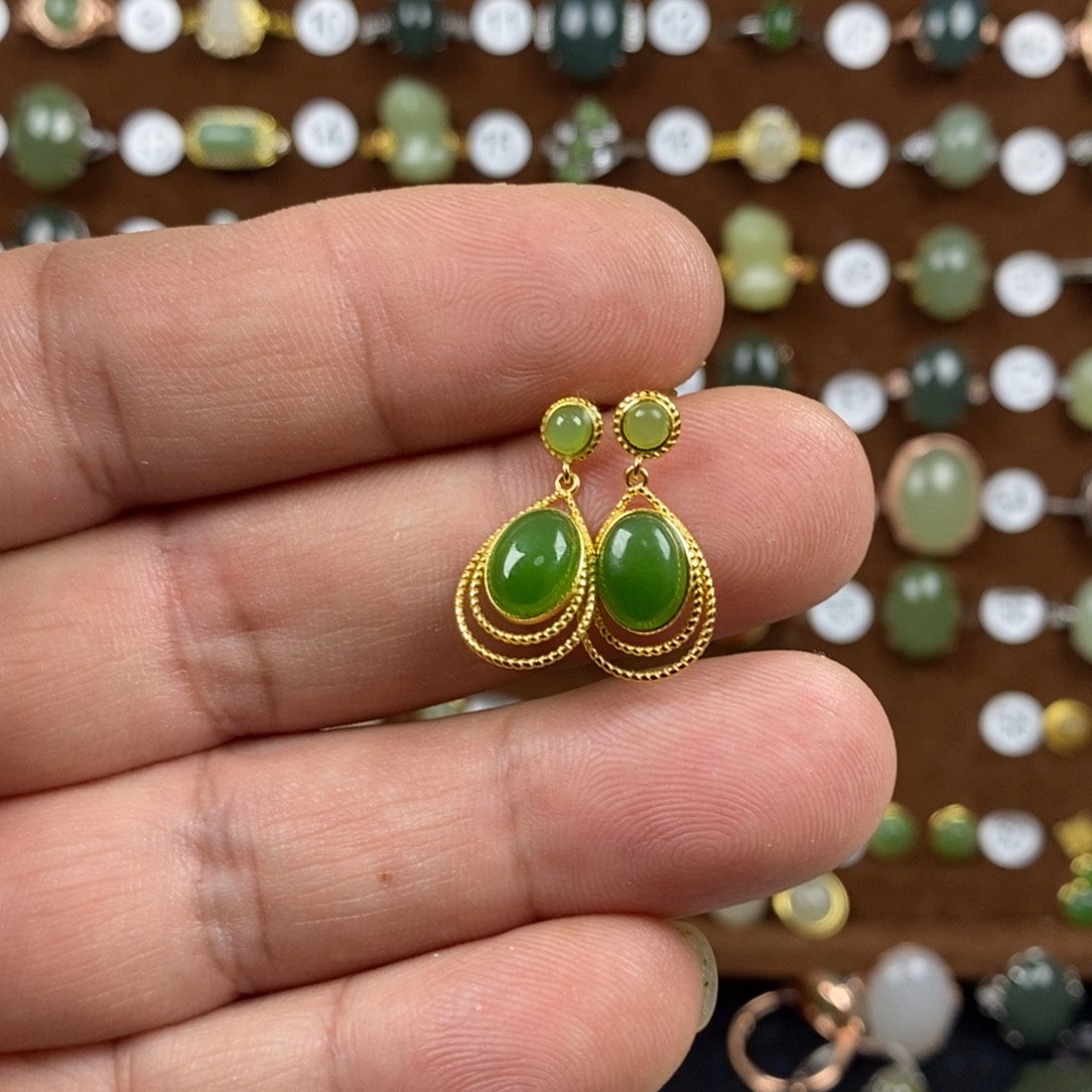 和田玉（碧玉）戒指银S925镀金镶嵌