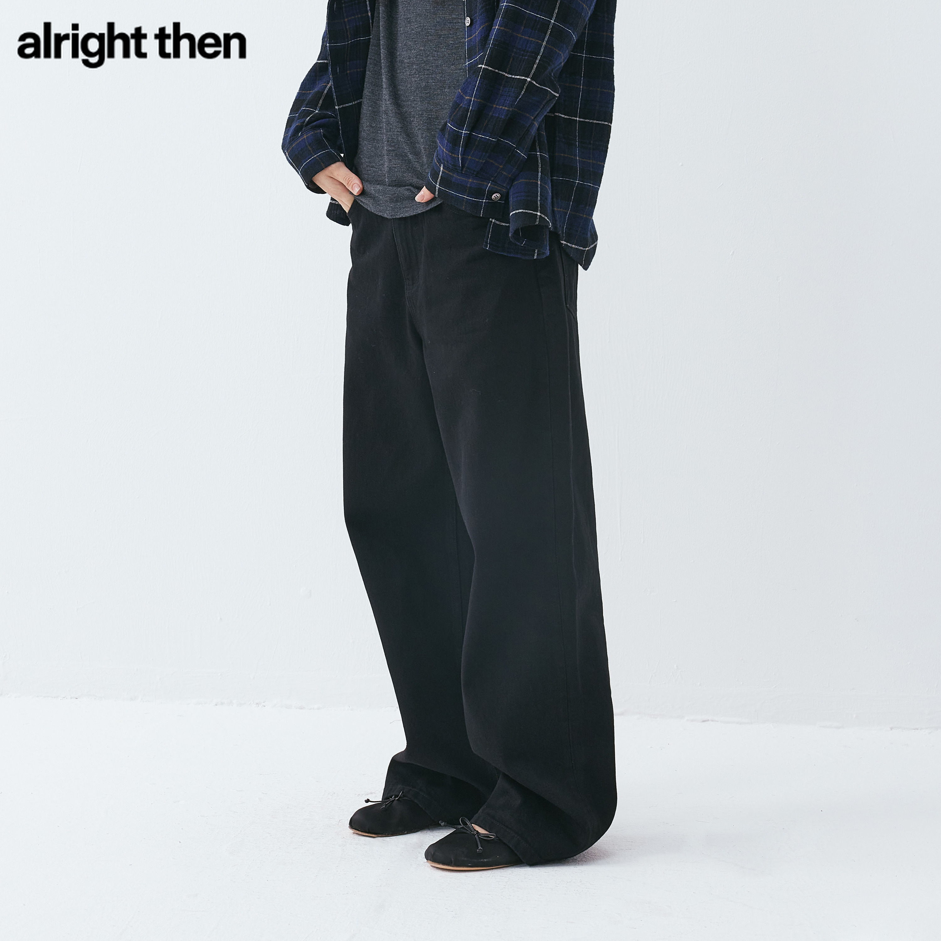 alright then004M中高腰黑色阔版直筒牛仔裤