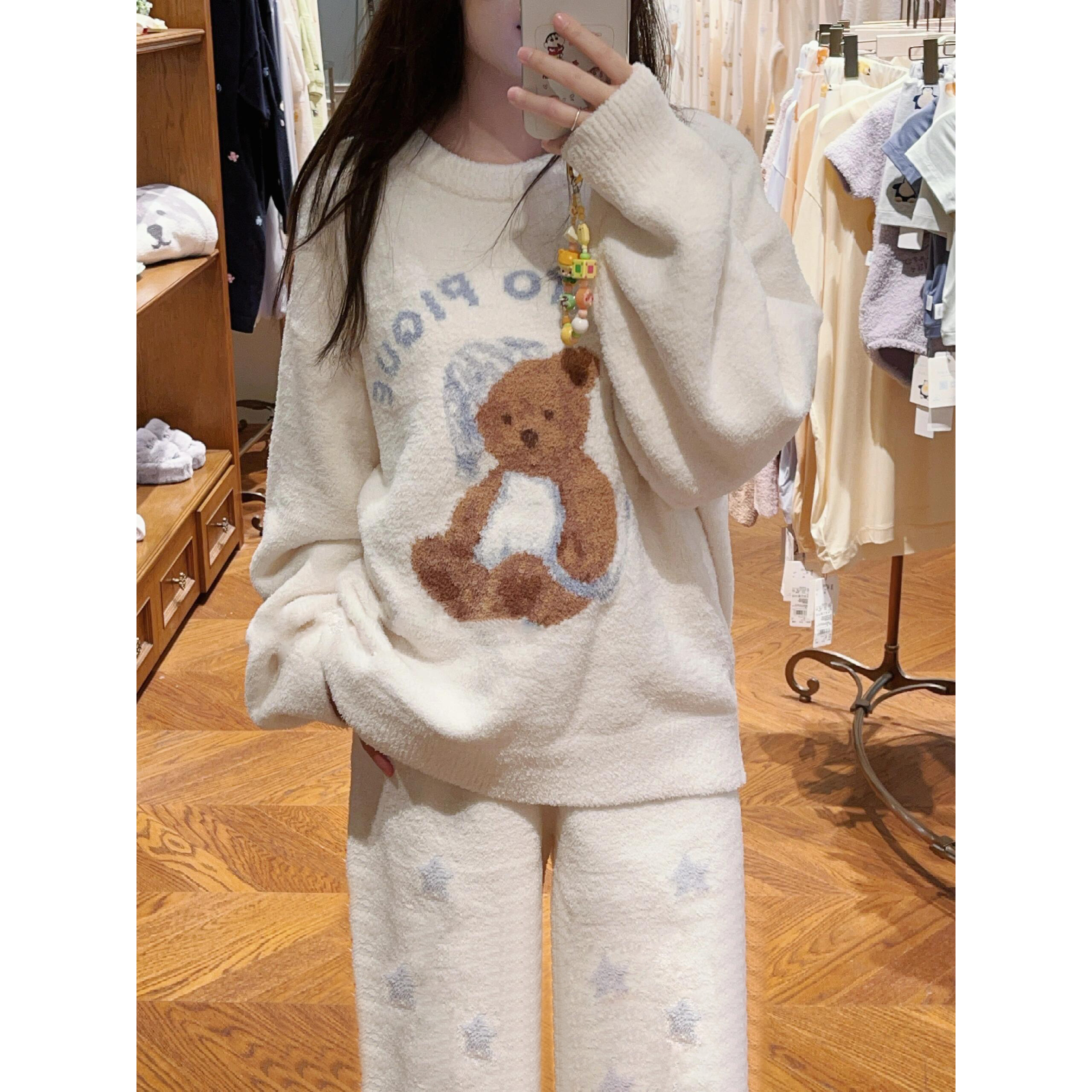 【针织小熊】韩版甜美半边绒睡衣女冬季新款加厚保暖宽松家居服套装