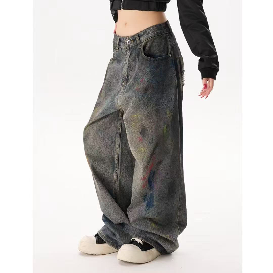 新款秋季涂鸦男美式复古蓝猫须牛仔裤渐变阔腿裤美式裤子时尚百搭