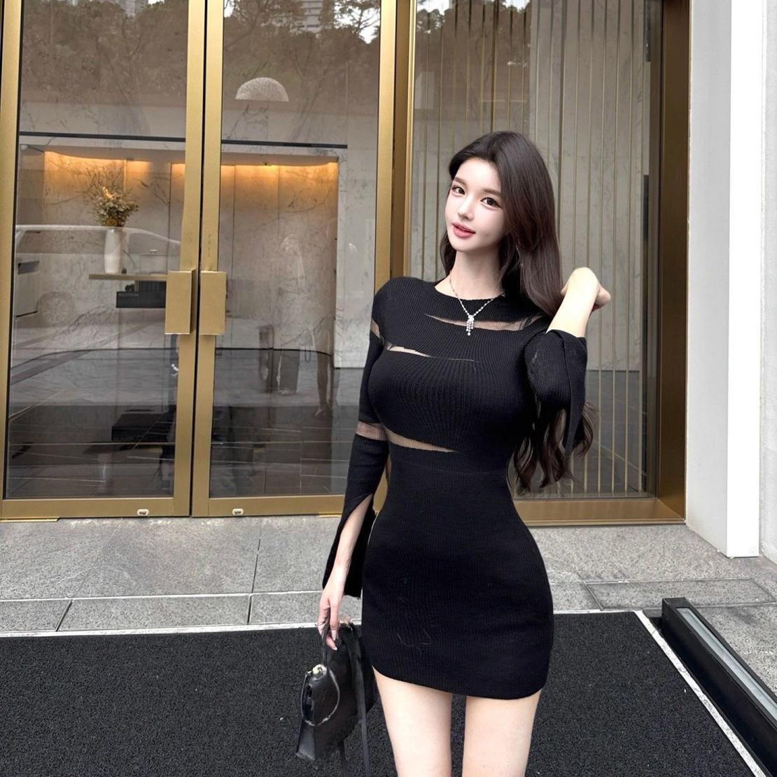 性感御姐针织镂空网纱拼接长袖连衣裙女收腰显瘦包臀短裙内搭秋冬