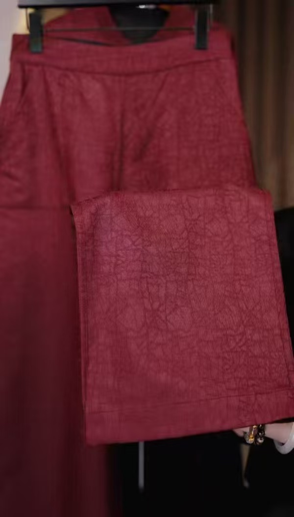 （双面双穿）中式夏季提花套装安哥拉红直筒裤（WL51/7月/萍/熙）