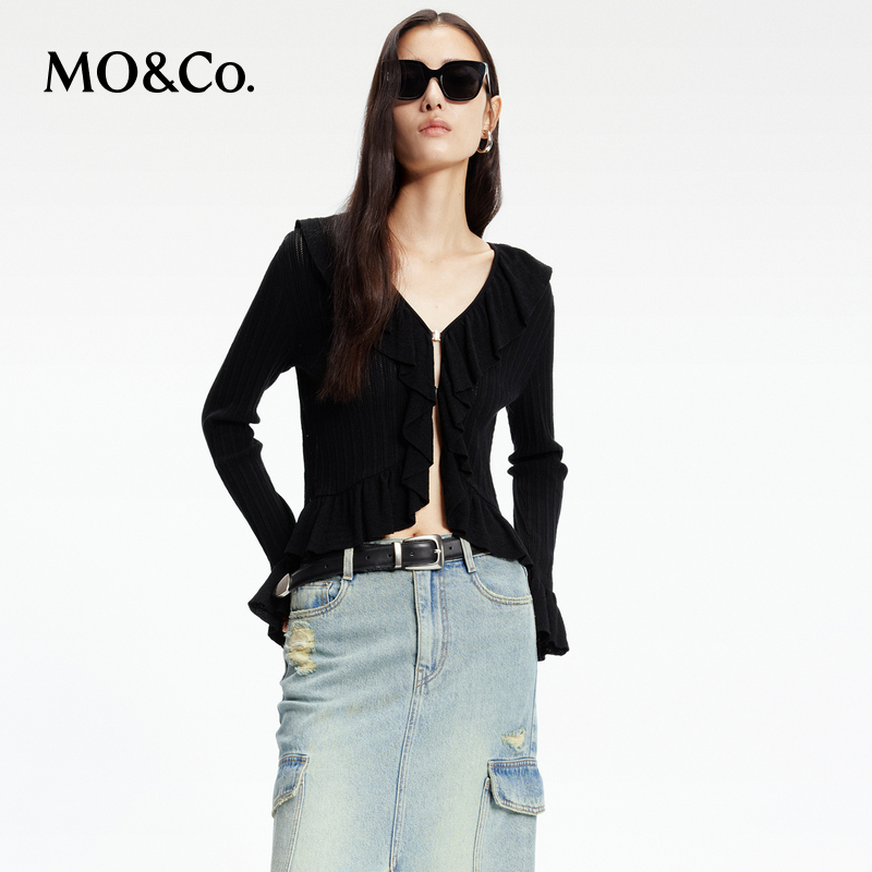 【达人专享】MOCO法式荷叶边V领开襟修身镂空针织衫开衫MBD1CAR030