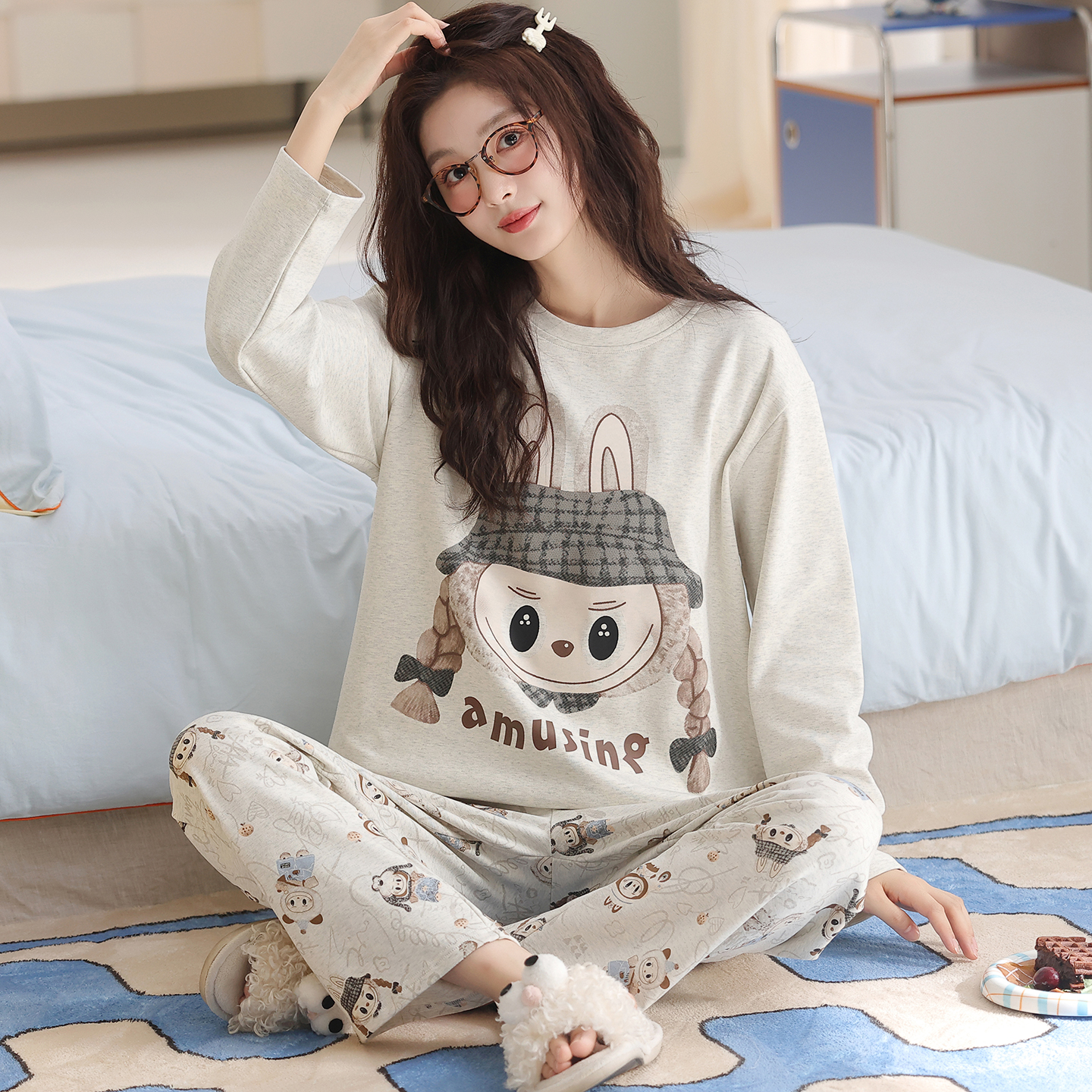 卡之恋睡衣女春秋新款长袖40支紧赛精梳双面纯棉减龄辫子小布居服