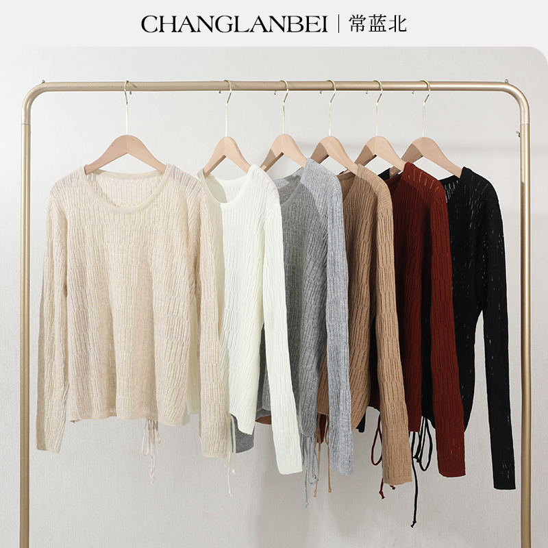 【常蓝北】秋季新款针织衫女显瘦高级感镂空腰间系带长袖针织衫