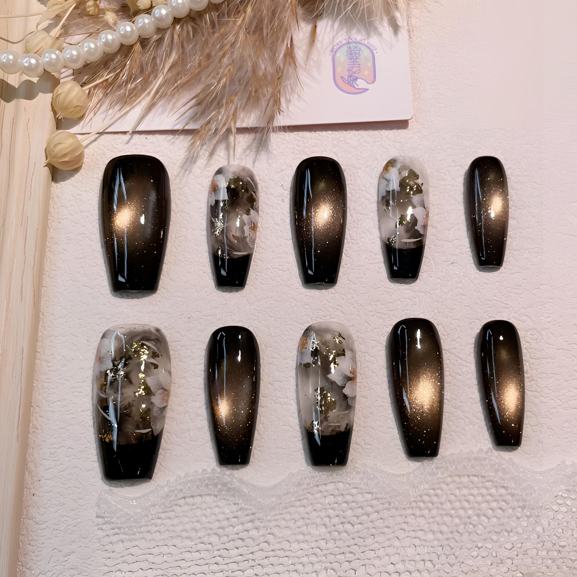 A2073『玄金花韵』国风质感猫光手绘晕染水墨小笔花法式金箔穿戴甲