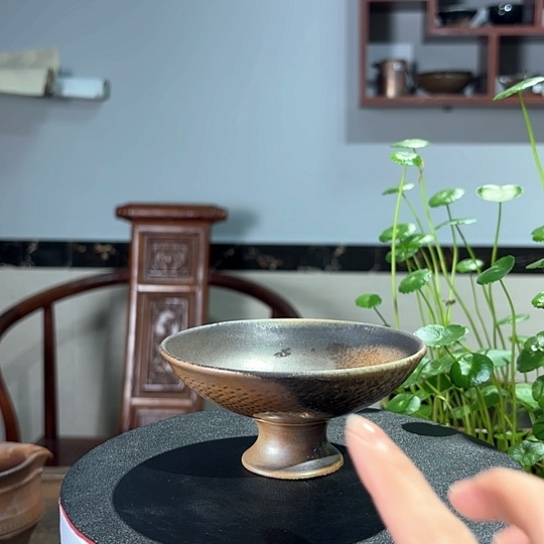 #1749柴烧裸烧窑变果盘高足