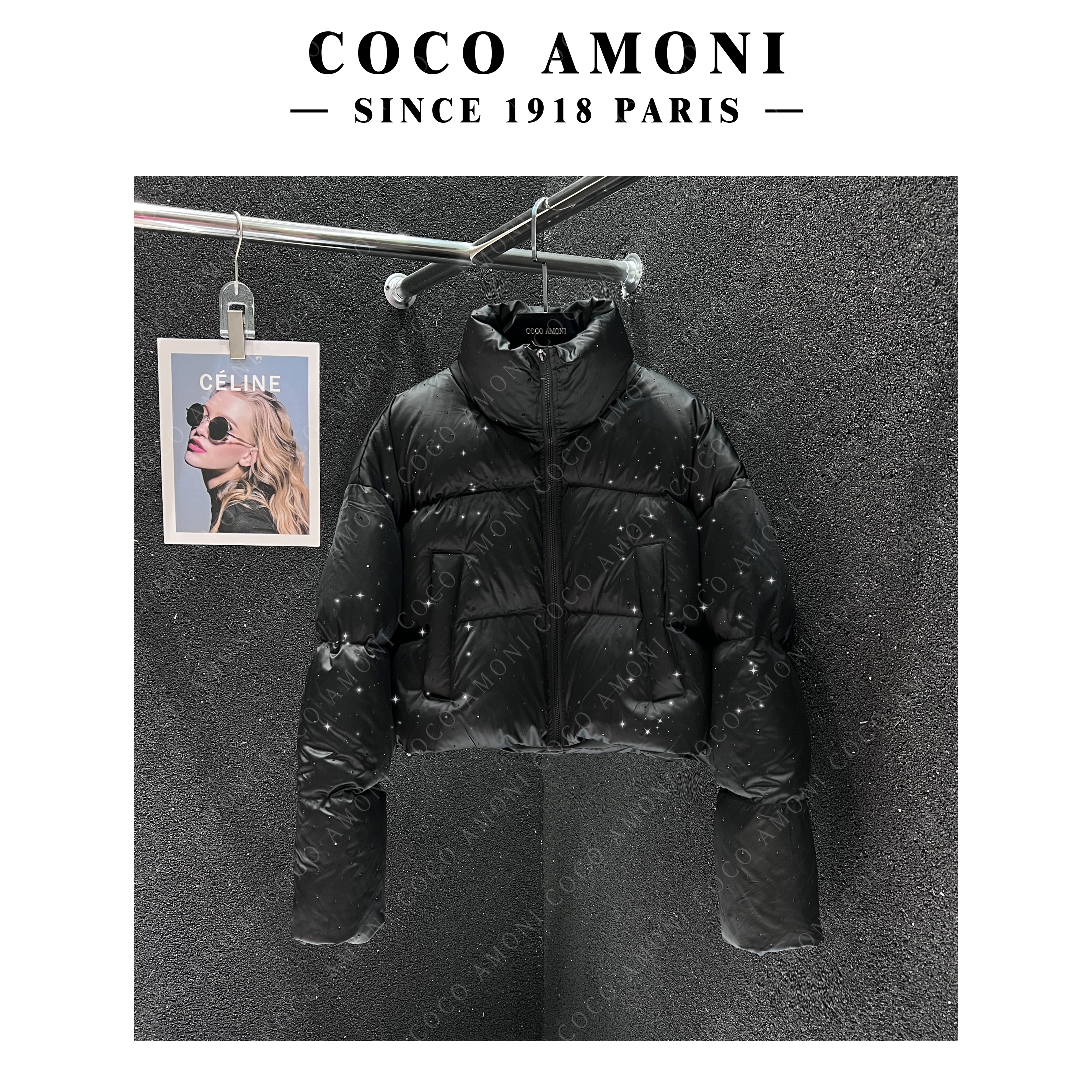  暗夜星空满钻立领拉链款纯色宽松优雅保暖羽绒服女 YR041