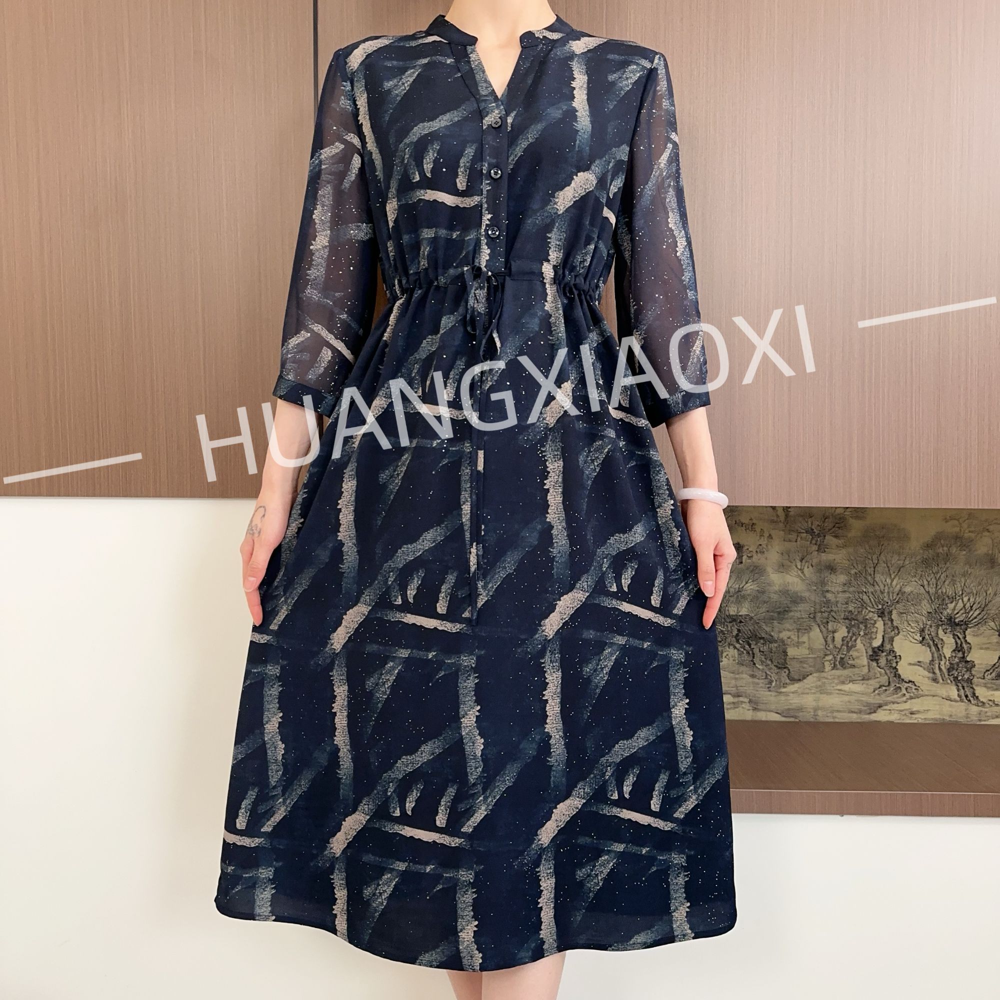 HUANGXIAOXI 海青蓝高级感抽绳款优雅气质中长袖连衣裙 HXX-253