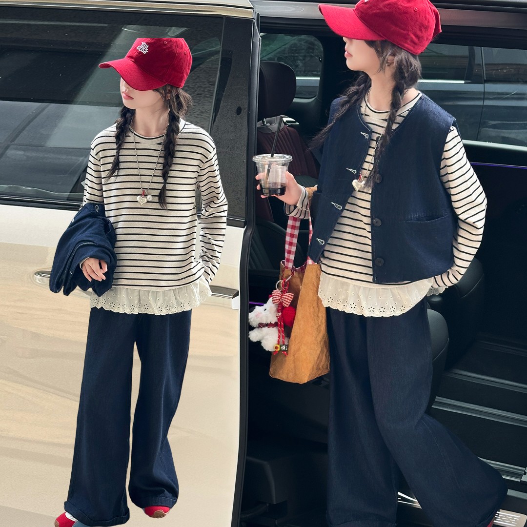 小女孩女童秋装休闲套装2025新款儿童牛仔马甲打底花边6-12岁洋气