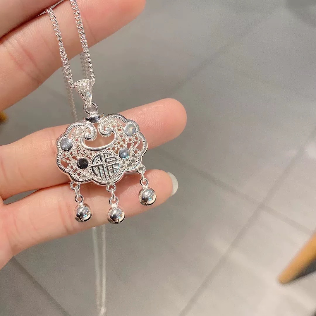 坠链均足银 纯银平安锁项链女银宝宝长命锁吊坠银锁包生日礼物