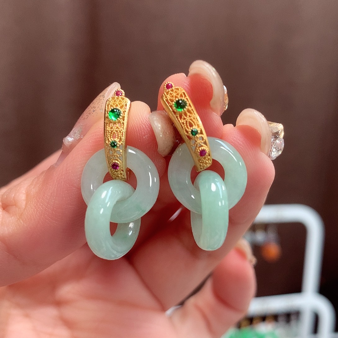 翡翠耳饰银S925镶嵌天然翡翠