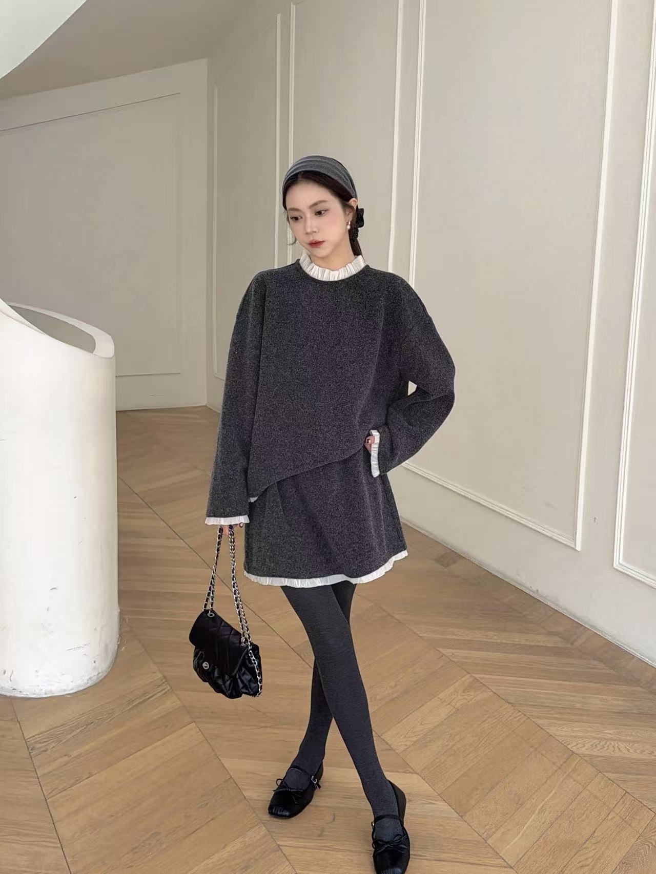 小慧 韩系甜美撞色花边拼接垂感针织上衣短裙套装KI19