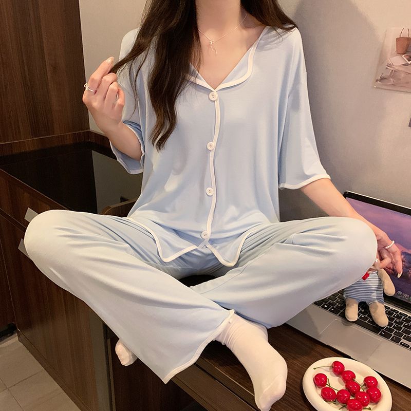 高品质夏季莫代尔棉纯色睡衣女中袖长裤空调服春秋大码开衫家居服