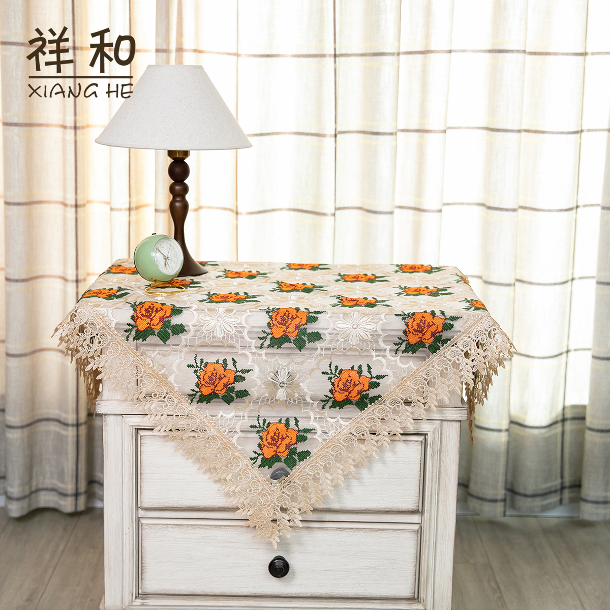 A003-3丝光线（90CM方）米色阳光十字绣牡丹花盖巾