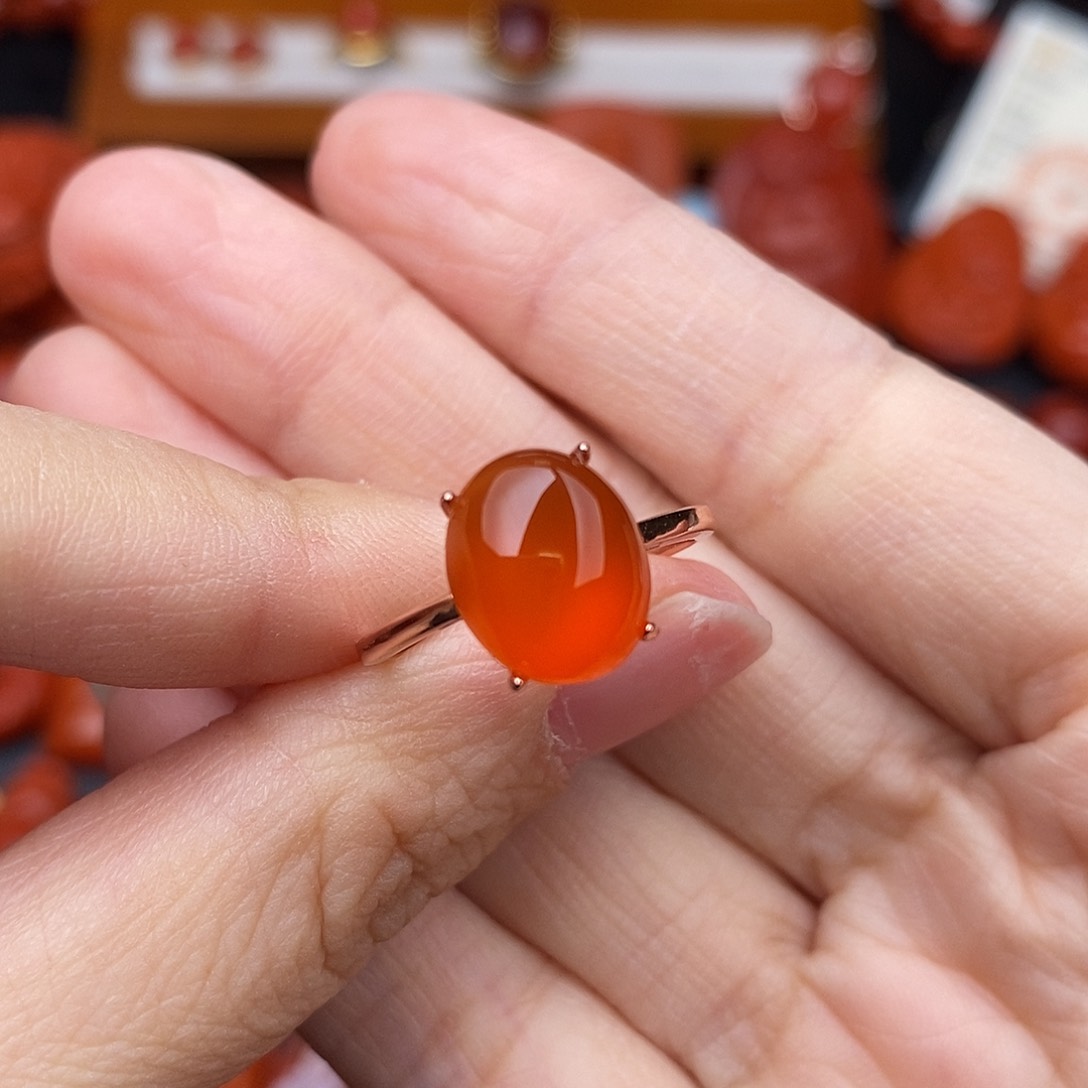 南红玛瑙云南保山冰红戒指银S925镶嵌