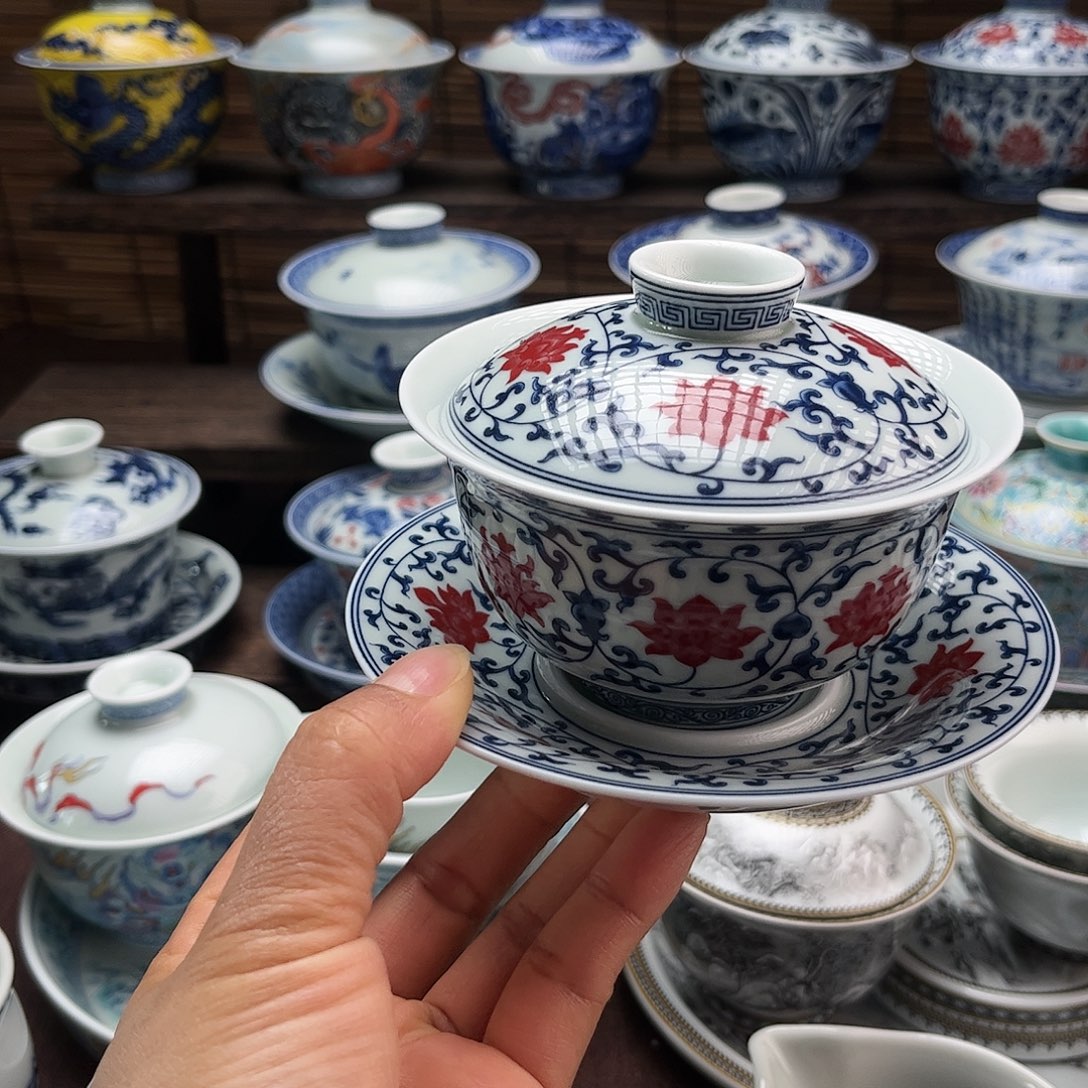 摆件陶景德镇陶瓷三才盖碗