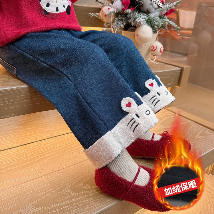 女童秋冬季2025新款洋气女宝宝卡通爱心小兔加绒牛仔裤