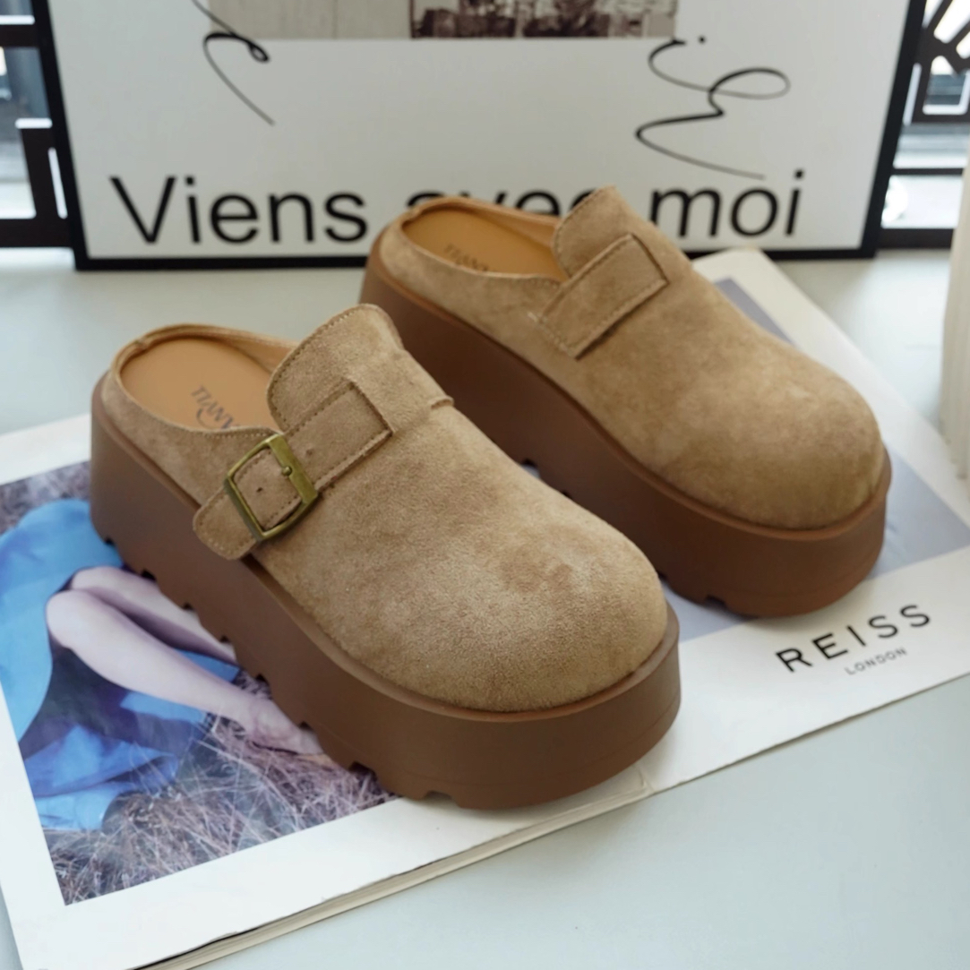 复古厚底勃肯包头半拖鞋女2025新款增高外穿懒人一脚蹬博肯鞋65-1