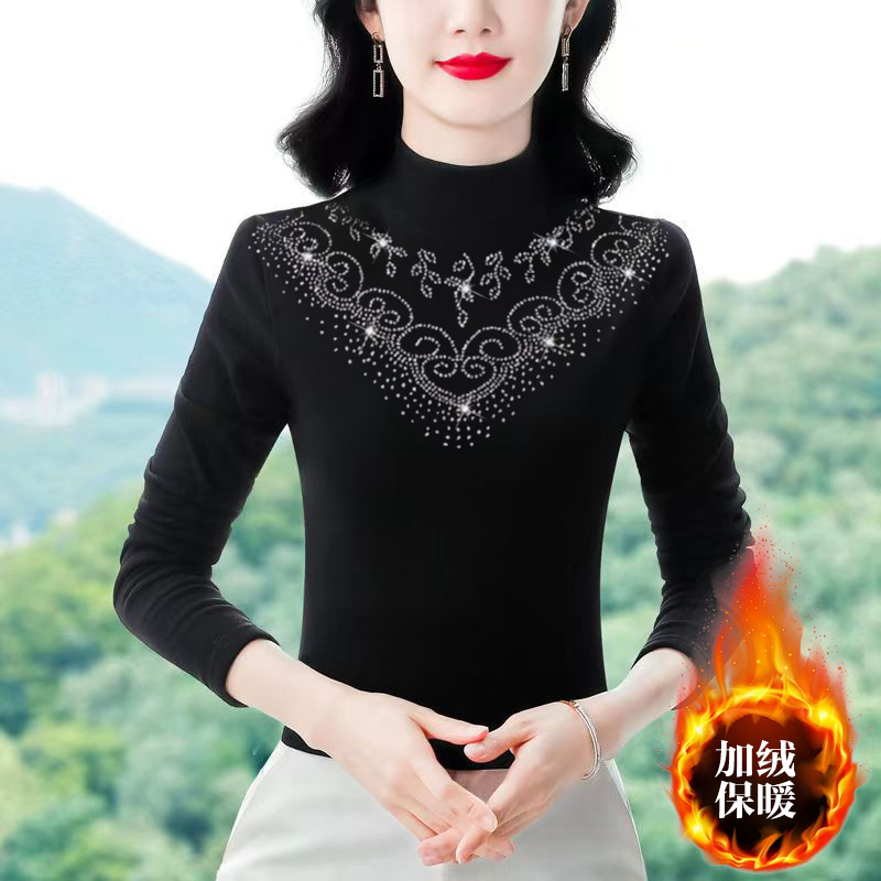【双面德绒】烫钻大码女200斤可穿长袖秋冬打底衫女半高领上衣遮肚