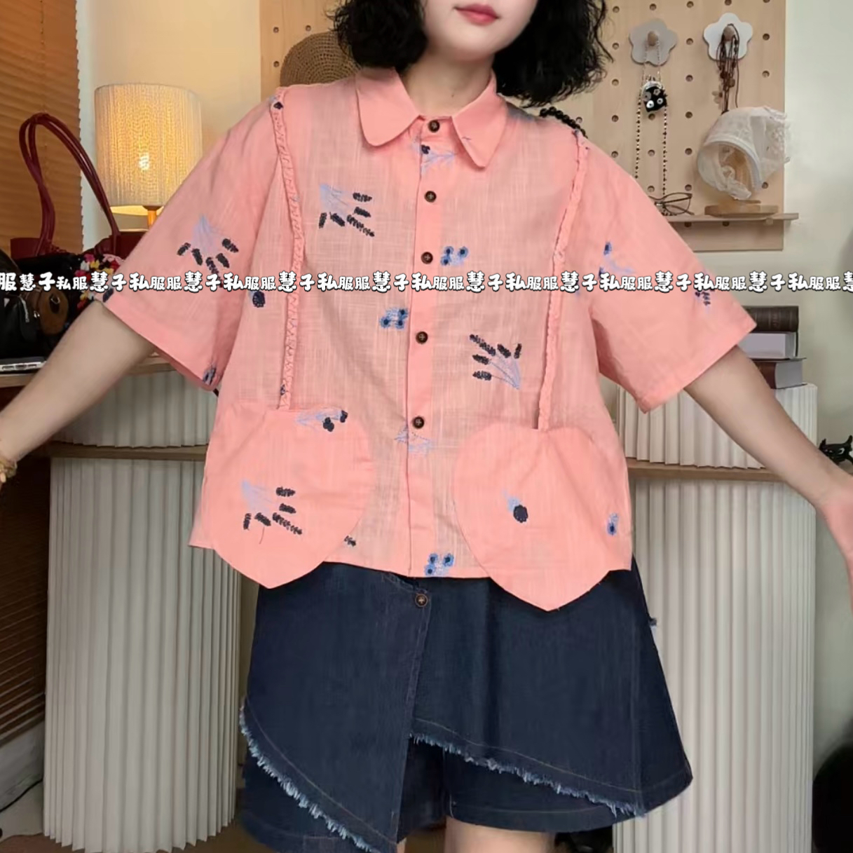 PQ“桃之夭夭”原创纯手工爱心辫条刺绣款设计短袖上衣