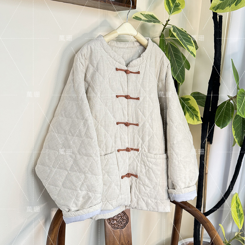 【暖冬】复古麻料菱格压线宽松蝙蝠袖国风棉衣外套 51959