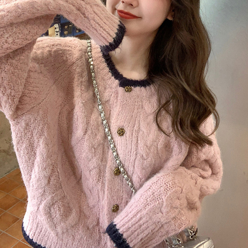 麻花毛衣开春秋新款韩版法式复古软糯慵懒风温柔微胖女套宽松条纹