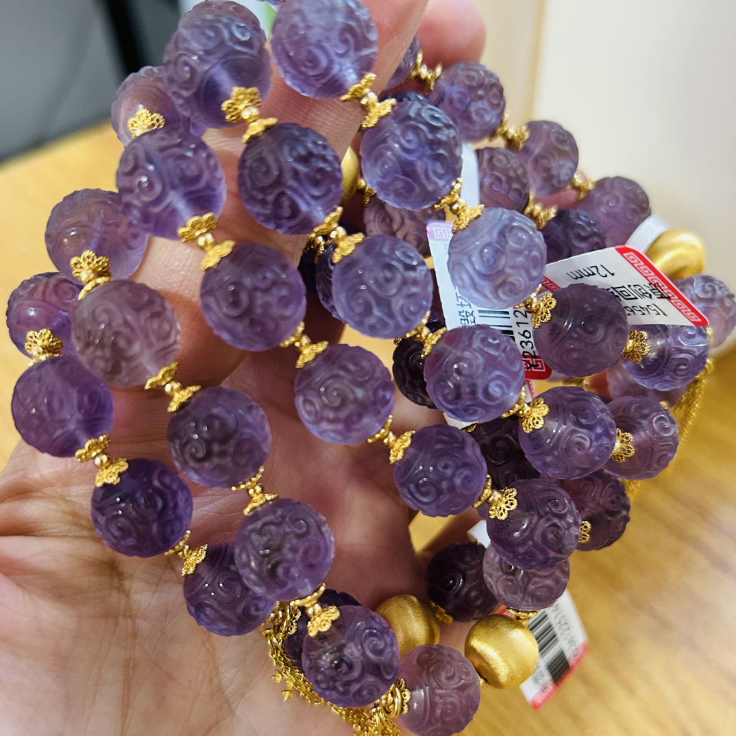 54562天然回纹珠雕刻紫水晶12mm原创设计水晶手链多样性发一