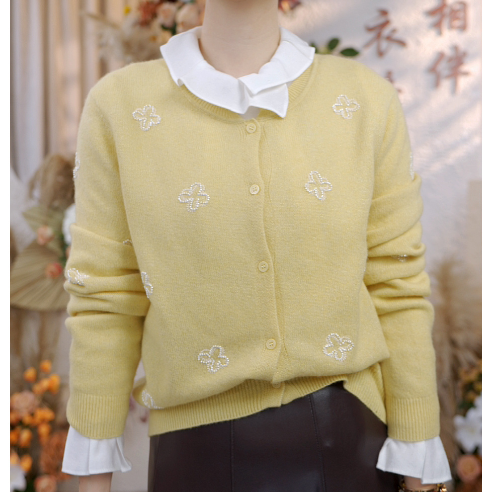 【橙蜜客】柔绣彩开 淡黄绿显活力 柔绣四叶针织开衫2554M000793