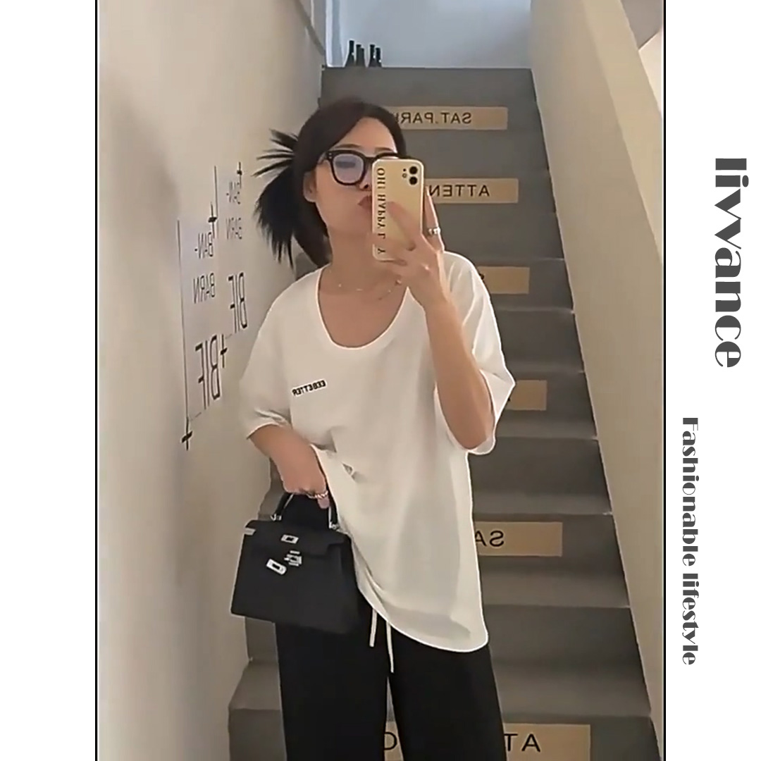 白色大领口刺绣字母宽松显瘦U领露锁骨小众短袖T恤女夏季新款