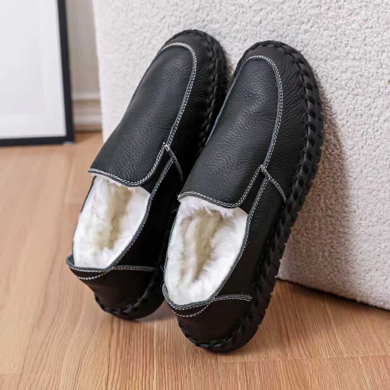 头层牛皮男士加绒豆豆鞋开车一脚蹬冬保暖软底软面羊皮毛一体棉鞋