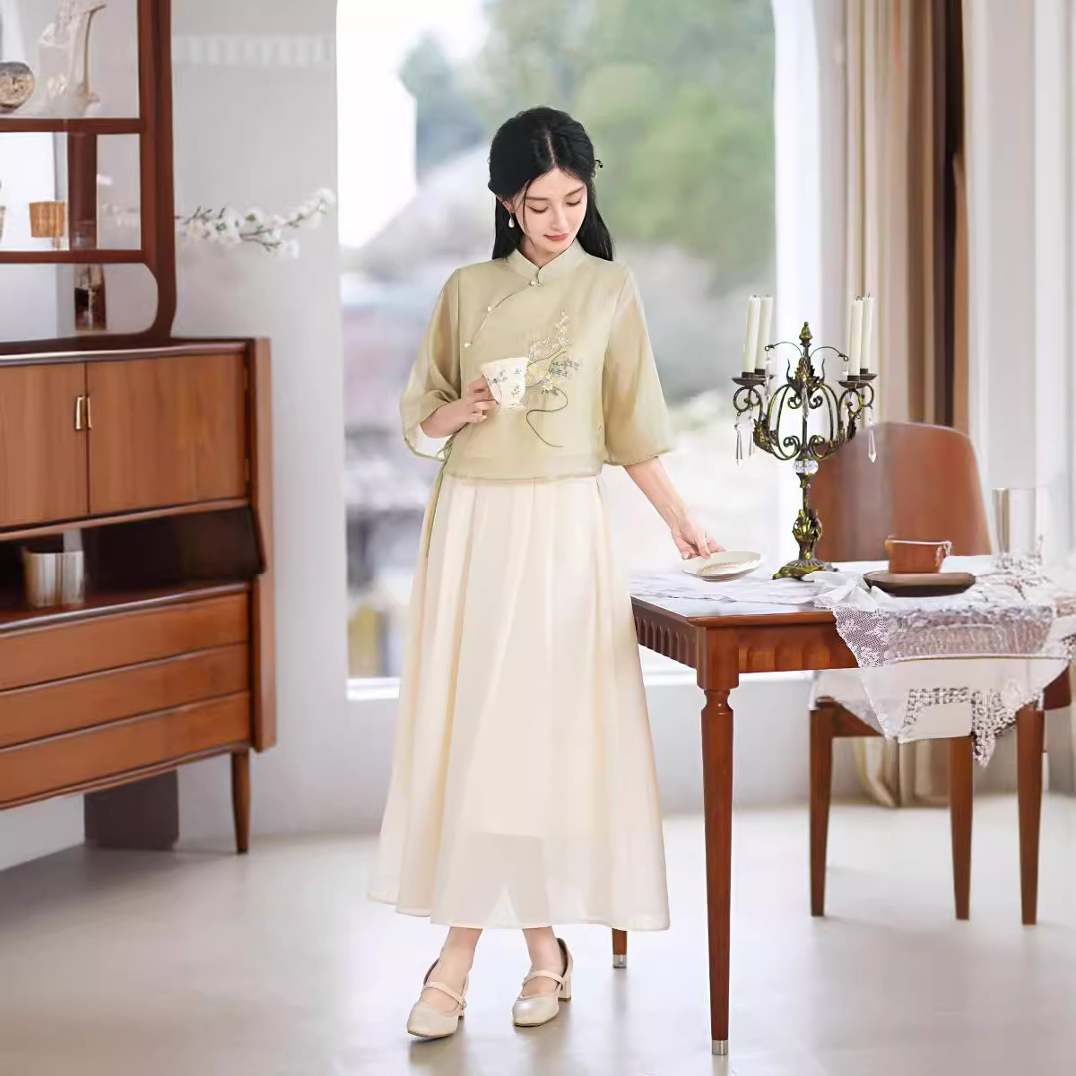 春夏新中式少女年轻国风盘扣旗袍两件套日常少女时尚汉服两件套装