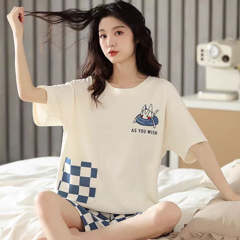 夏季套头款蓝色格子裤套装