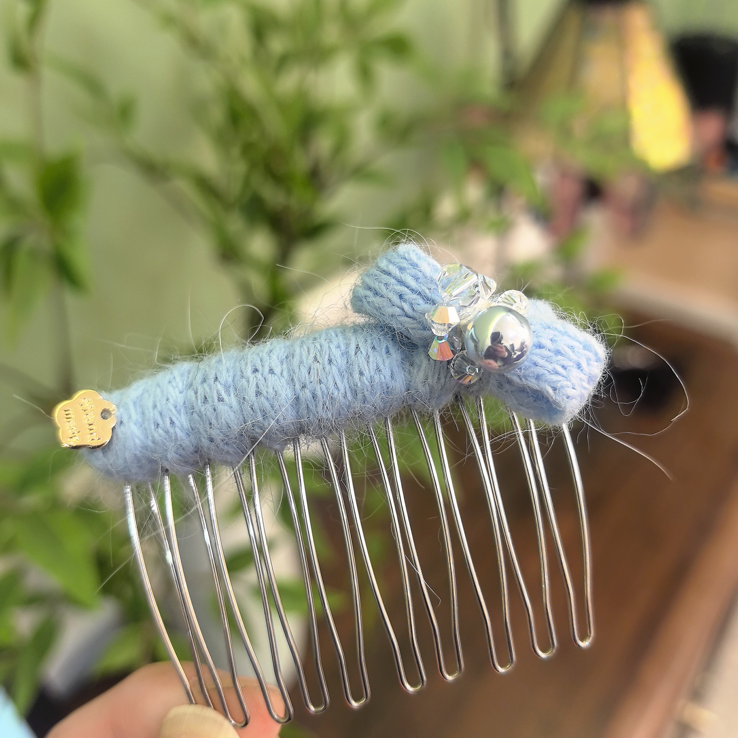 FUXI/福熙精致施华洛极光天女珠蓝色针织毛绒 插梳WM-659