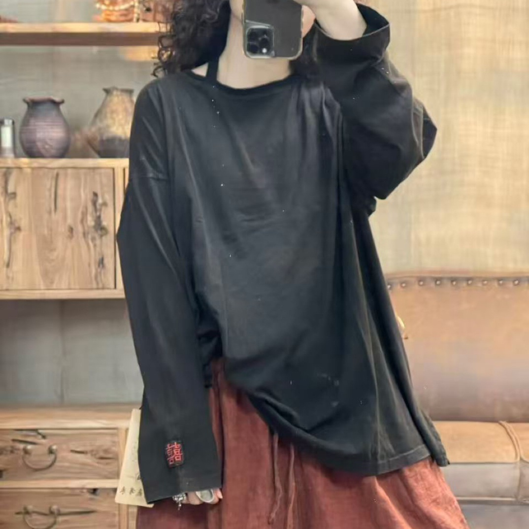 秋季棉料炒色做旧绣字圆领女士休闲T恤(长71胸围134)