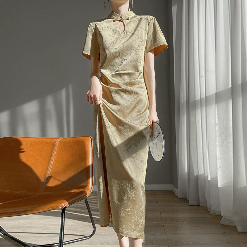 无印心匠B88869 新中式提花立领盘扣短袖中长款夏季连衣裙 K441
