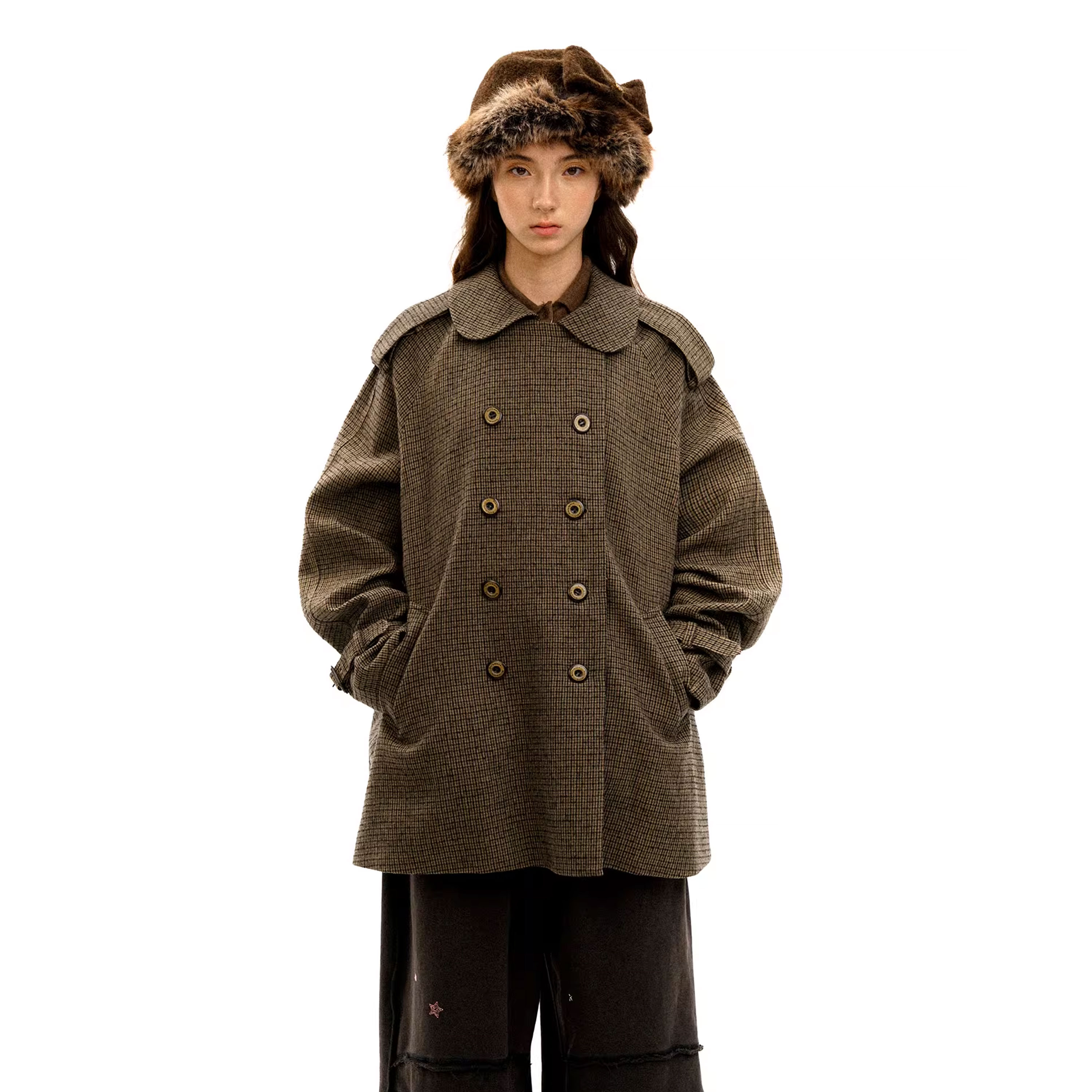 Moromoro* 50羊毛千鸟格娃娃领A廓形双排扣中长款风衣