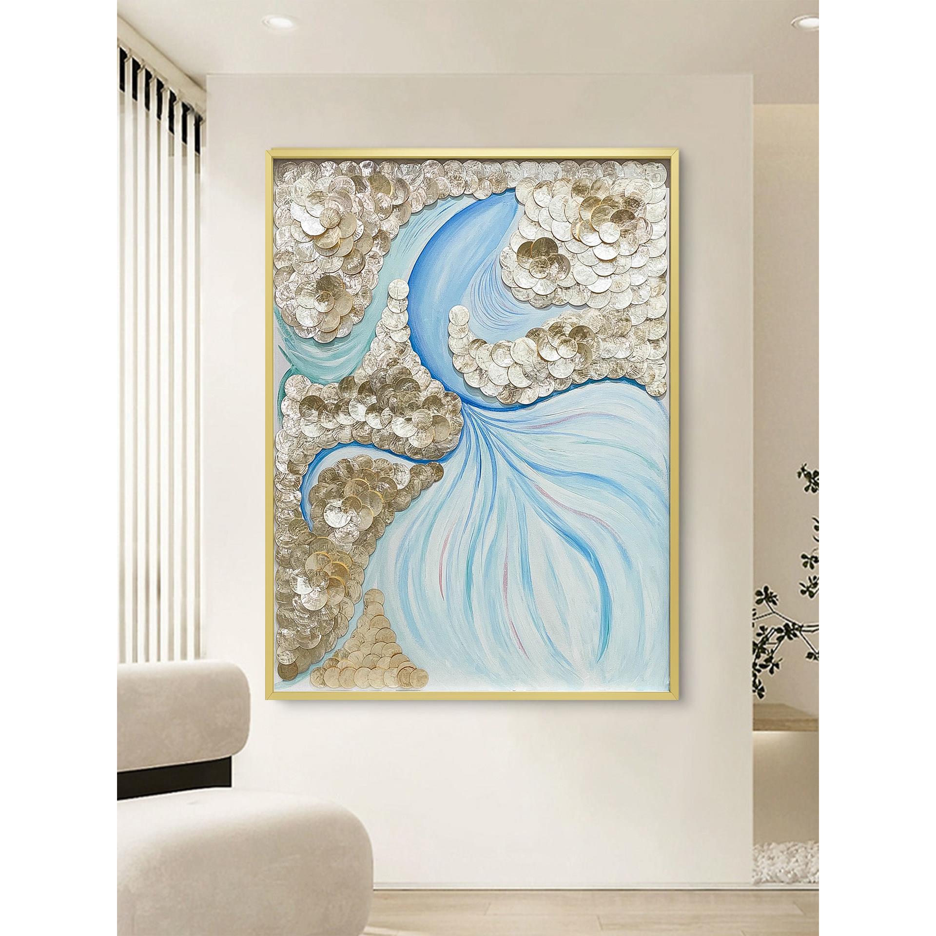轻奢肌理感手绘油画高档贝壳装饰画客厅墙饰挂画入户玄关金沙碧浪