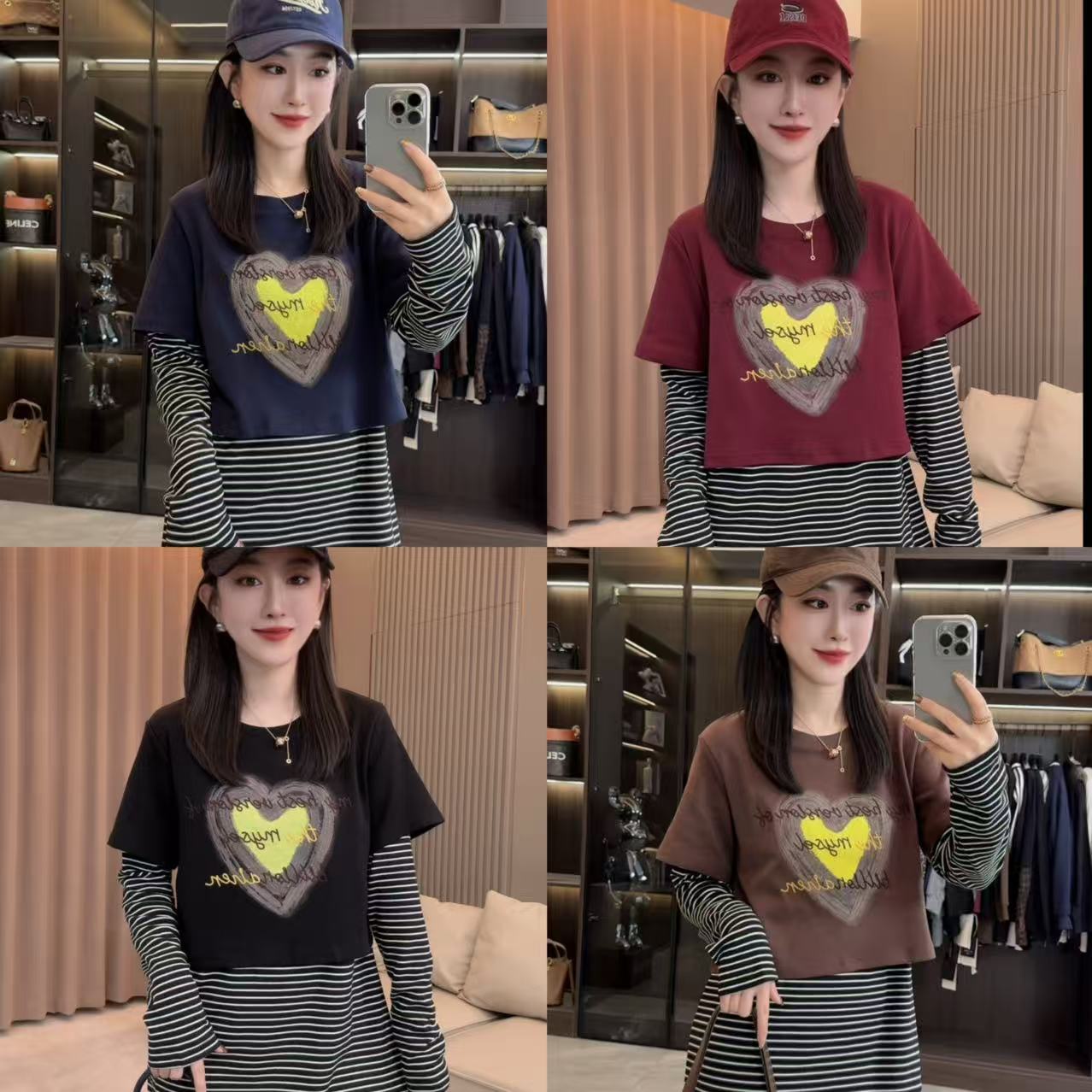 【CL·丽丽家】休闲条纹假两件字母爱心T恤大衫1915（磨毛）