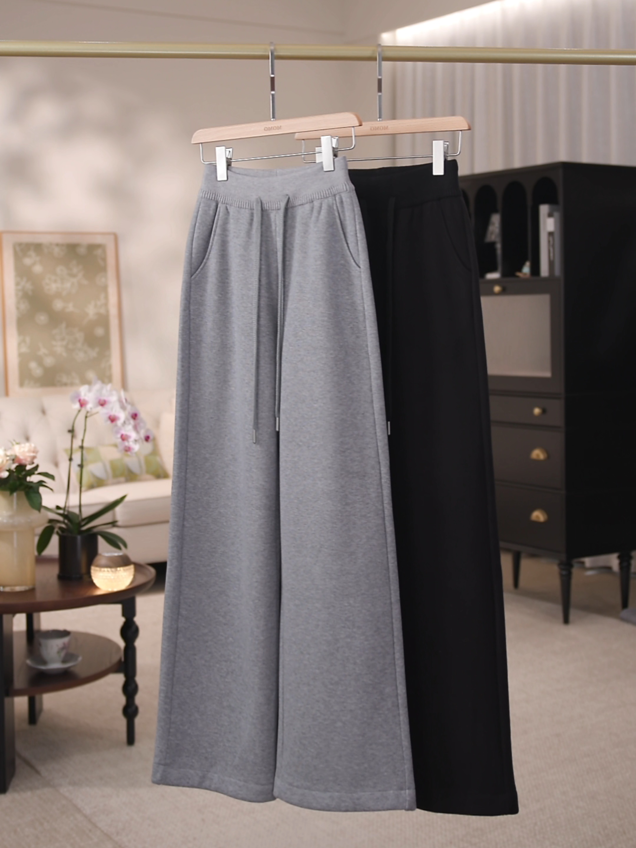 “织绒裤”针织腰拼接抽绳松紧腰加绒窄版直筒裤