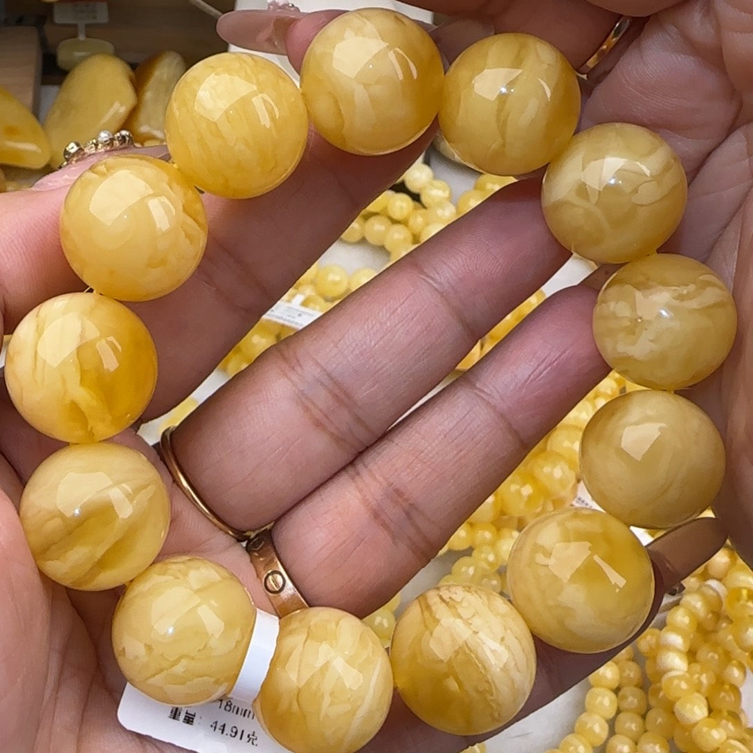 蜜蜡未镶嵌手链虎皮妖花圆珠手串