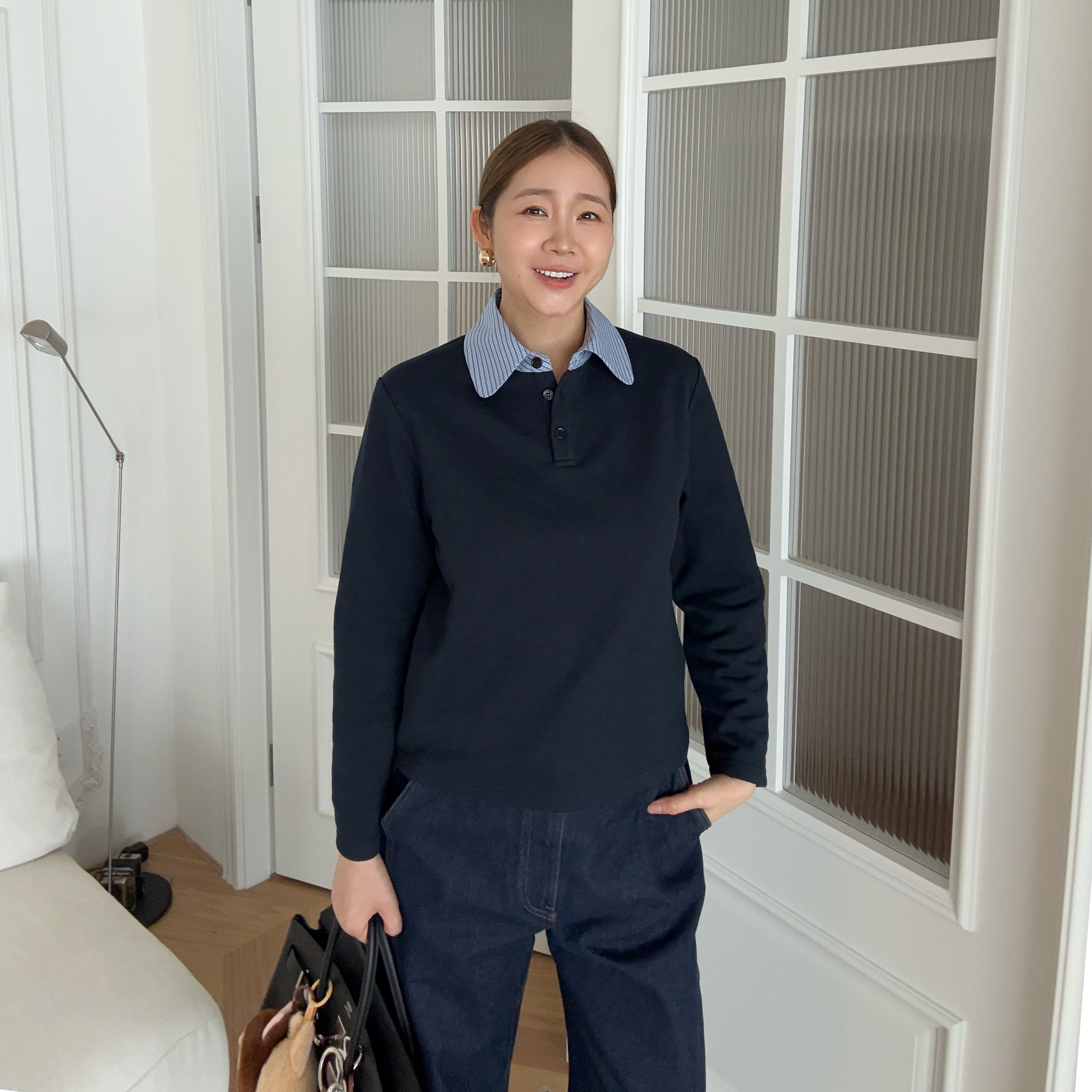 widelia秋季8109韩版宽松套头长袖T恤休闲领口撞色翻领Polo衫